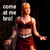 gabrielle gesturing for a fight, with the text "come at me bro!"