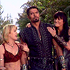 xena and gabrielle holding Ares's arms